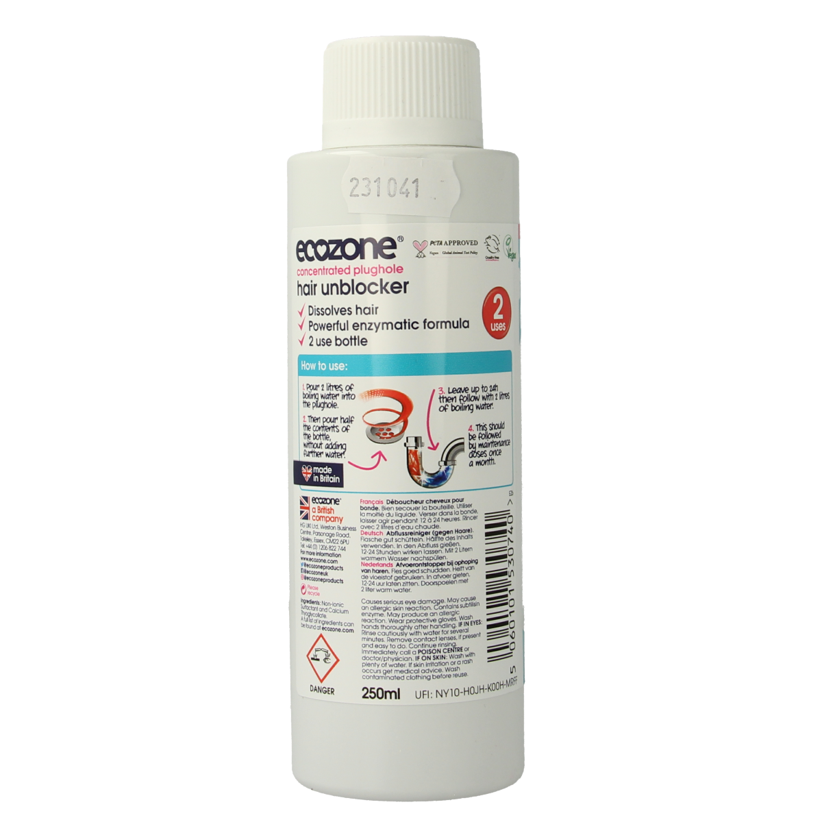 EcoZone Haaroplosser badkamerafvoer cleaner in 250ml bottle, designed for clearing hair and drain clogs.