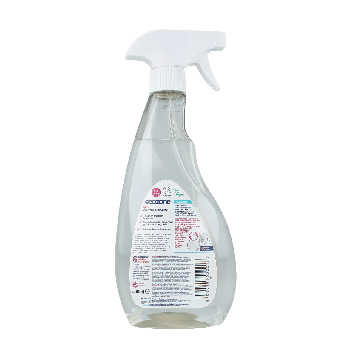 EcoZone douche en kraan reiniger in een fles van 500 ml, geschikt voor schoonmaak van douches en kranen.
