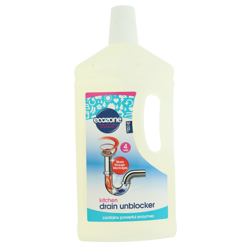 EcoZone liquid drain unblocker in a 1-liter bottle, used for cleaning and clearing clogged sinks and drains.