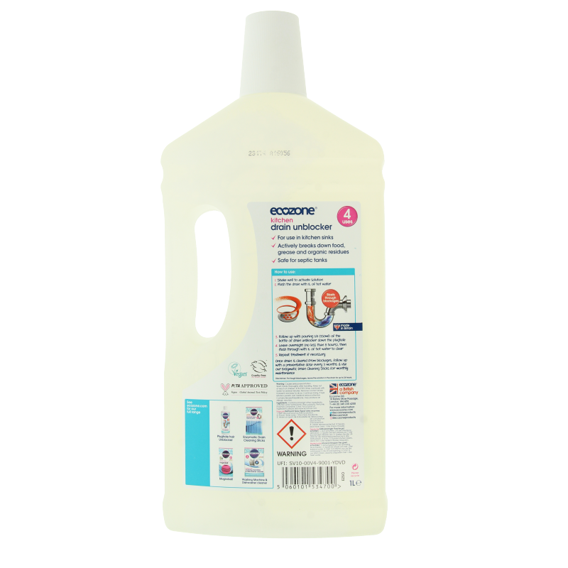 EcoZone liquid drain unblocker in a 1-liter bottle, a cleaning product for unclogging drains and maintaining plumbing.