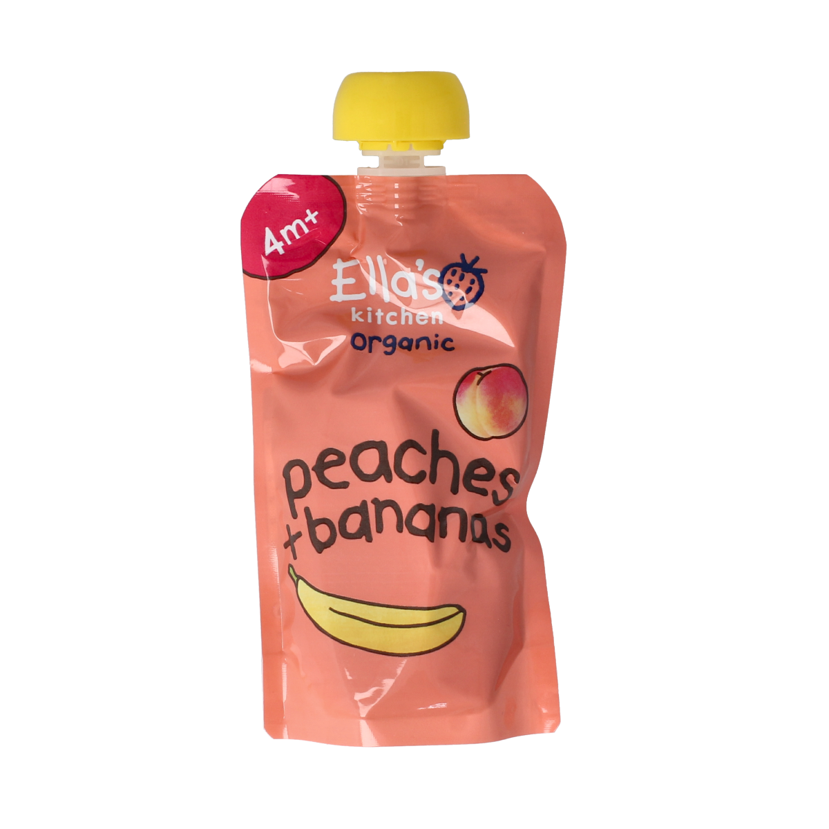 Ella's Kitchen Peaches & Bananas organic baby food in a 120g squeeze pouch, featuring fresh peaches and bananas.