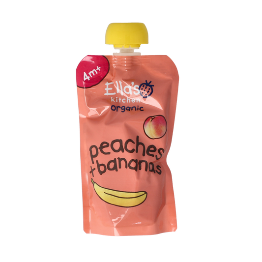 Ella's Kitchen Peaches & Bananas organic baby food in a 120g squeeze pouch, featuring fresh peaches and bananas.