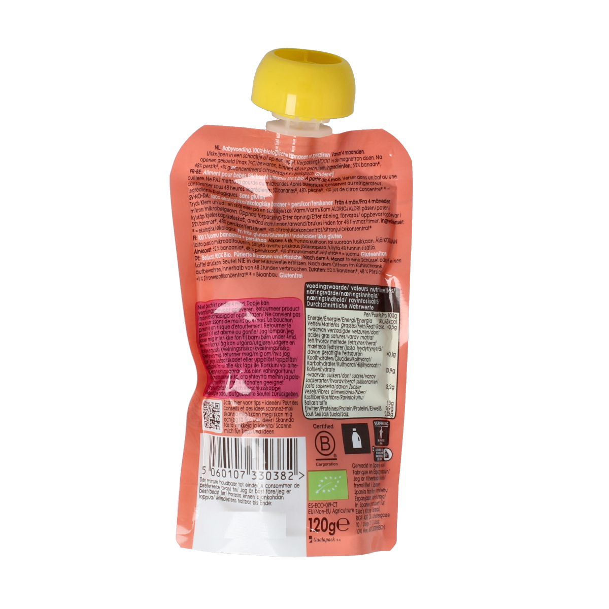 Ella's Kitchen Peaches and Bananas organic squeeze pouch for babies, 120g, with images of peaches and bananas on the packaging.