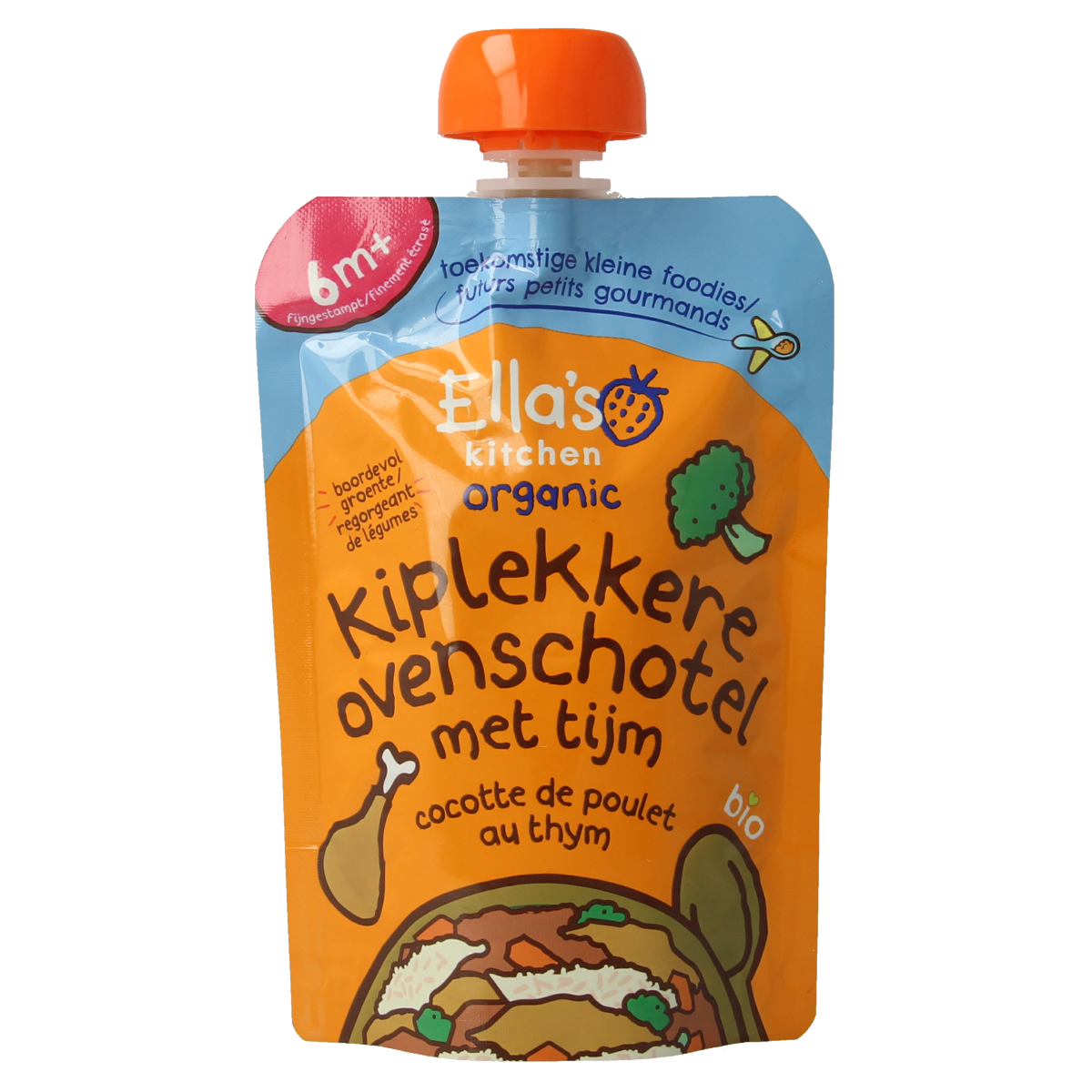 Ella's Kitchen baby oven dish with thyme, organic, suitable for 6+ months, 130g, in a ready-to-eat packaging.