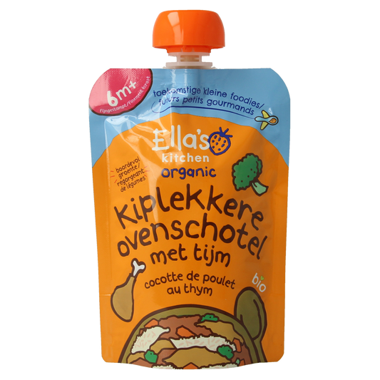 Ella's Kitchen baby oven dish with thyme, organic, suitable for 6+ months, 130g, in a ready-to-eat packaging.