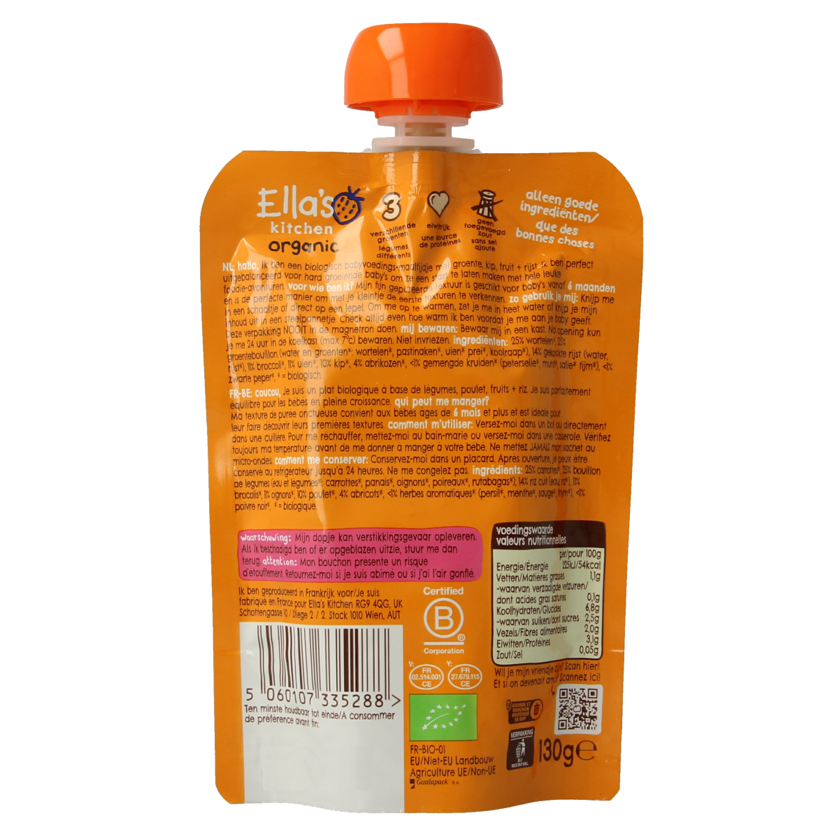 Ella's Kitchen Kiplekkere ovenschotel tijm baby food in 130g package, featuring organic ingredients for children 6 months and older.
