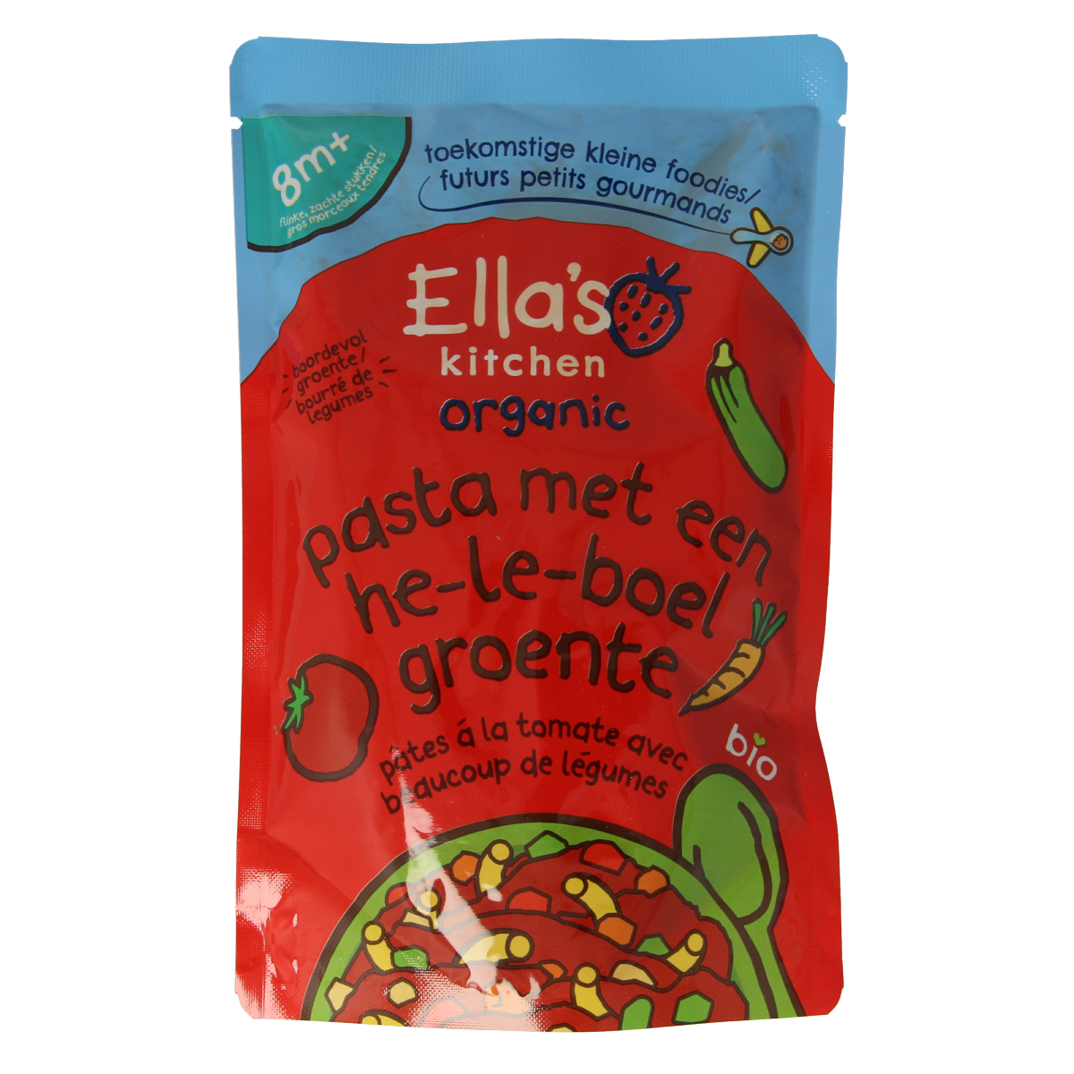 Ella's Kitchen baby pasta with mixed organic vegetables in 190g package, suitable for 8+ months, in a colorful packaging.