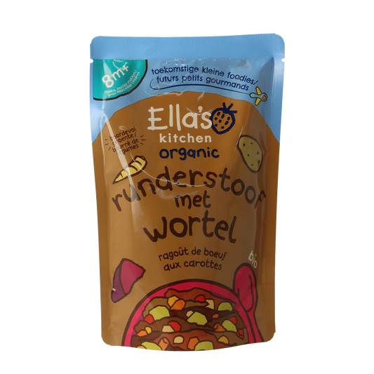 Ella's Kitchen organic beef stew for babies 8+ months, 190g jar with hearty, nutritious ingredients for young children.