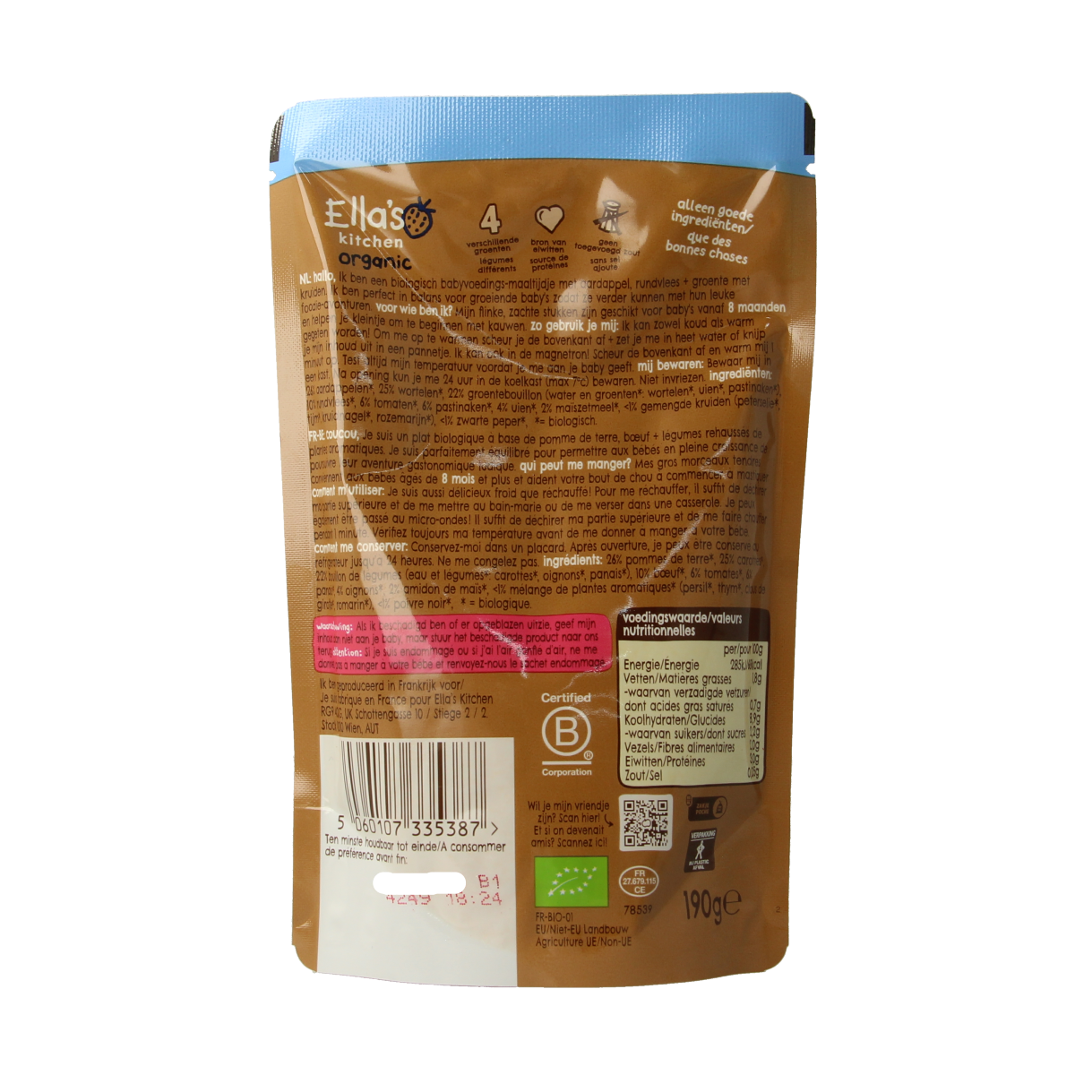 Ella's Kitchen organic beef stew for babies 8+ months in a 190g jar, featuring hearty and nourishing baby food.