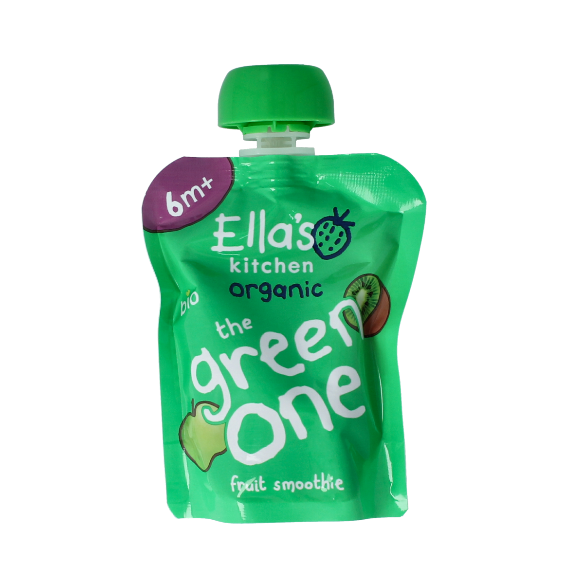 Ella's Kitchen The Green One organic baby food jar for 6+ months, 90g, with fresh green ingredients and label details.
