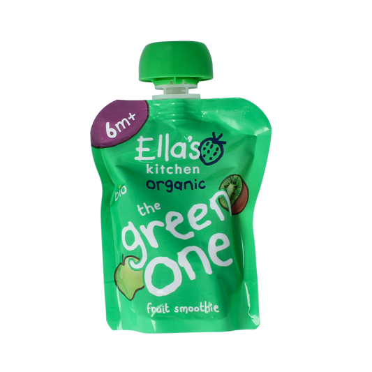 Ella's Kitchen The Green One organic baby food jar for 6+ months, 90g, with fresh green ingredients and label details.
