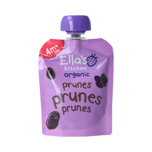 Ella's Kitchen prune squeeze pouches for babies 4+ months, organic baby food in 70g pouch with prunes.