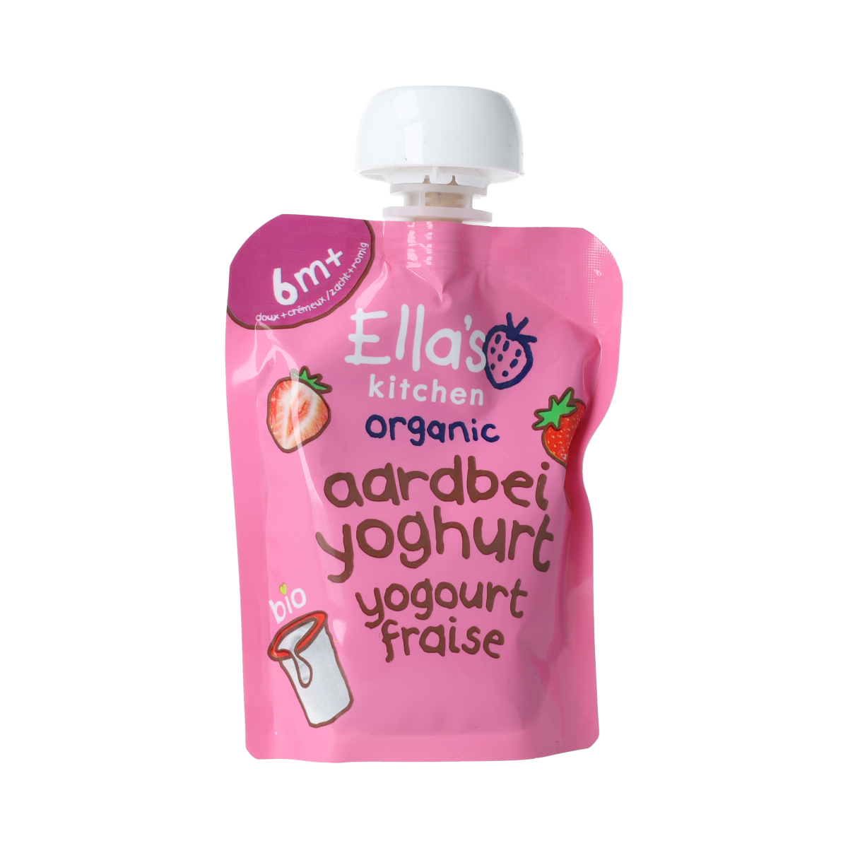 Ella's Kitchen strawberry Greek-style yogurt for babies 6+ months, 90g bio baby food with strawberry flavor.