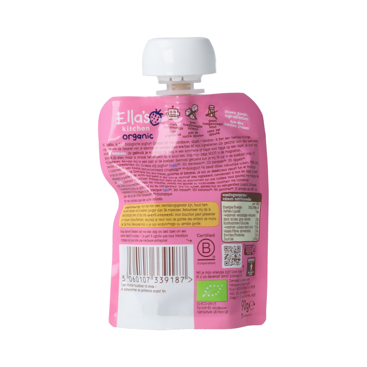 Ella's Kitchen strawberry Greek-style yogurt for babies 6+ months, 90g, organic baby and toddler nutrition.