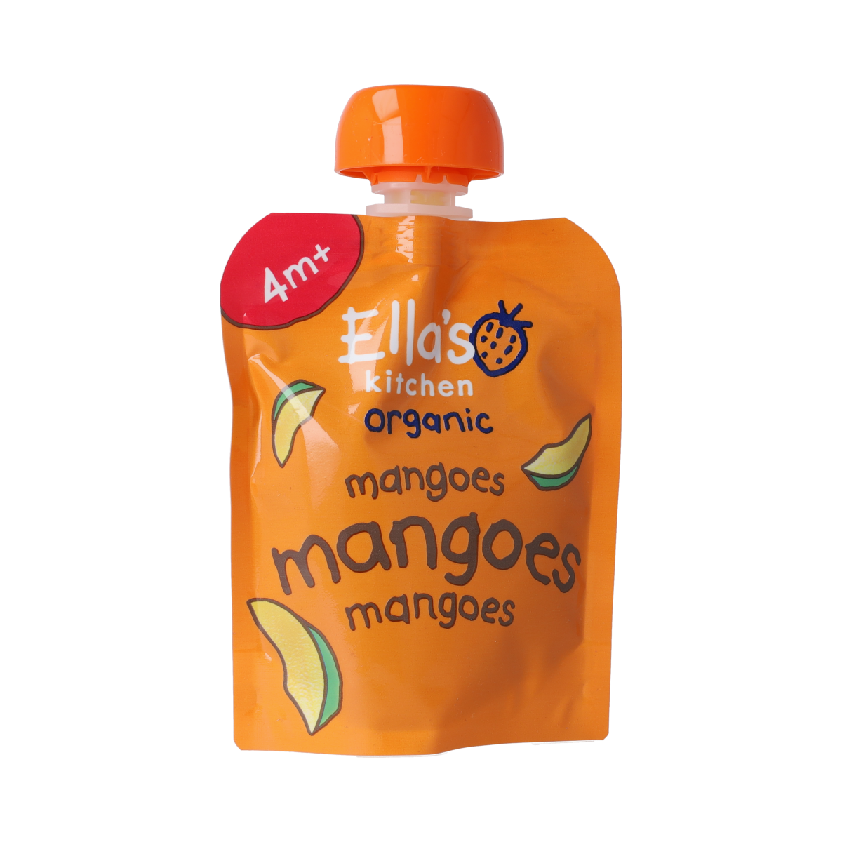Ella's Kitchen mango squeeze pouch for babies 4+ months, organic baby food in a 70g pouch with colorful packaging.