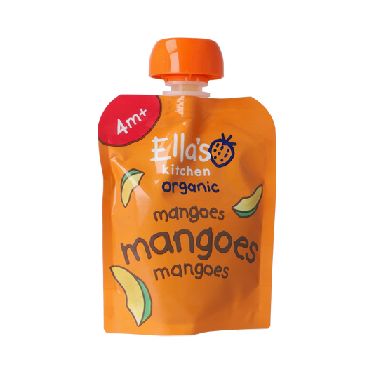 Ella's Kitchen mango squeeze pouch for babies 4+ months, organic baby food in a 70g pouch with colorful packaging.