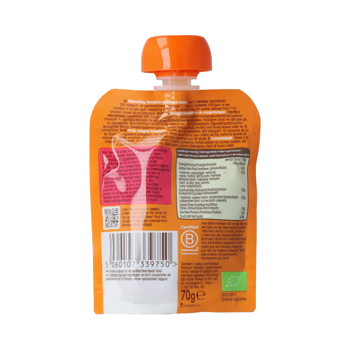 Ella's Kitchen organic mango squeeze pouch for babies 4+ months, 70g, with colorful packaging and easy-to-use design.