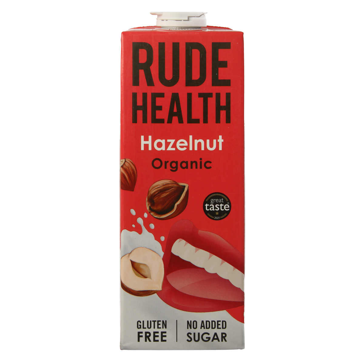 Rude Health organic hazelnut drink in a 1-liter bottle, natural nut beverage for dairy alternatives.