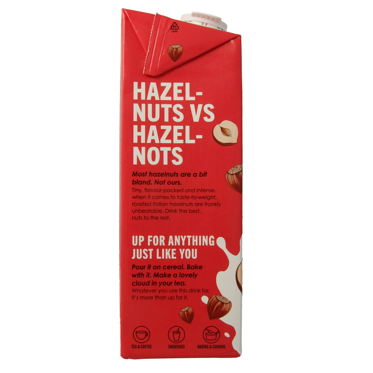 Rude Health hazelnut drink in a 1-liter bottle, organic hazelnut beverage for drinks and recipes.