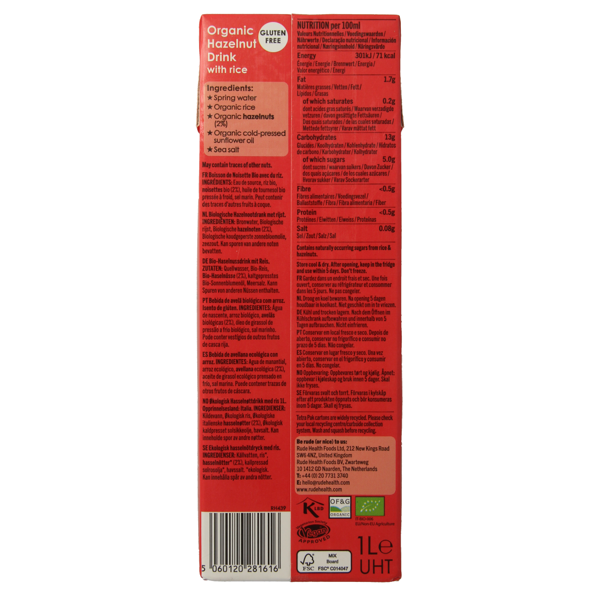 Rude Health bio hazelnut drink in a 1-liter bottle, natural nut beverage from Rude Health, suitable for breakfast or snacks.
