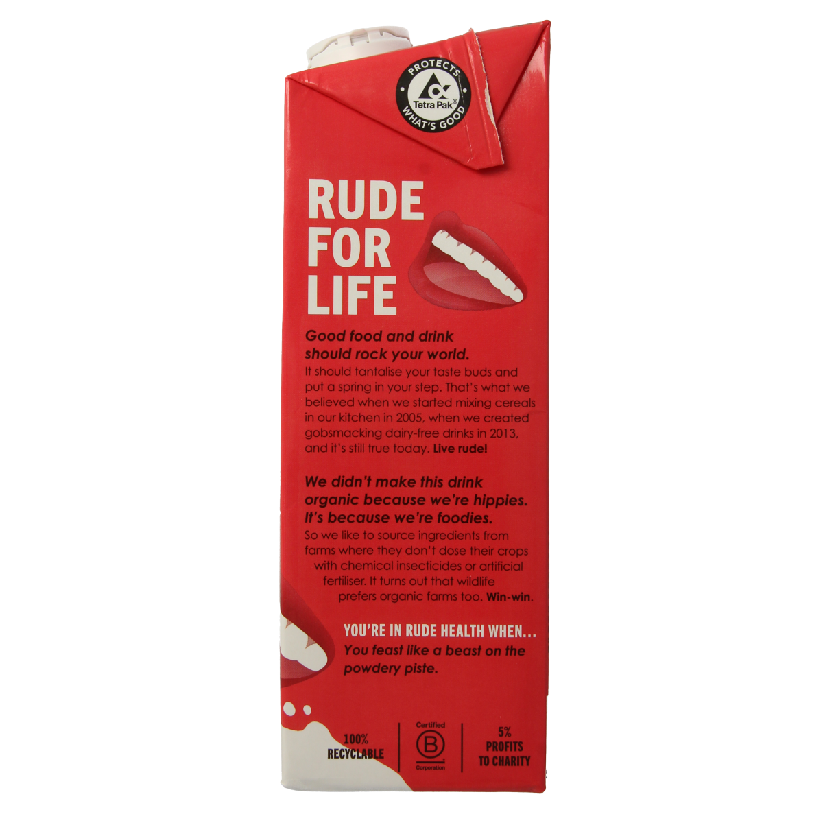 Bottle of Rude Health hazelnut drink, organic, 1-liter, in a clear plastic bottle with label and cap, suitable for beverages and smoothies.