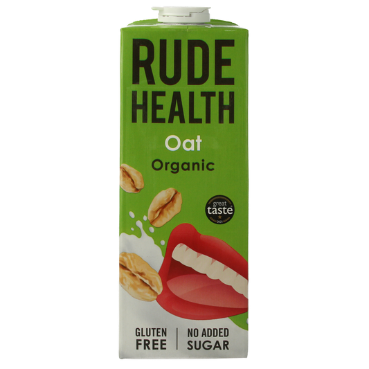 Rude Health Haverdrank organic oat drink in a 1-liter carton, showcasing a smooth, creamy beverage with a natural label.