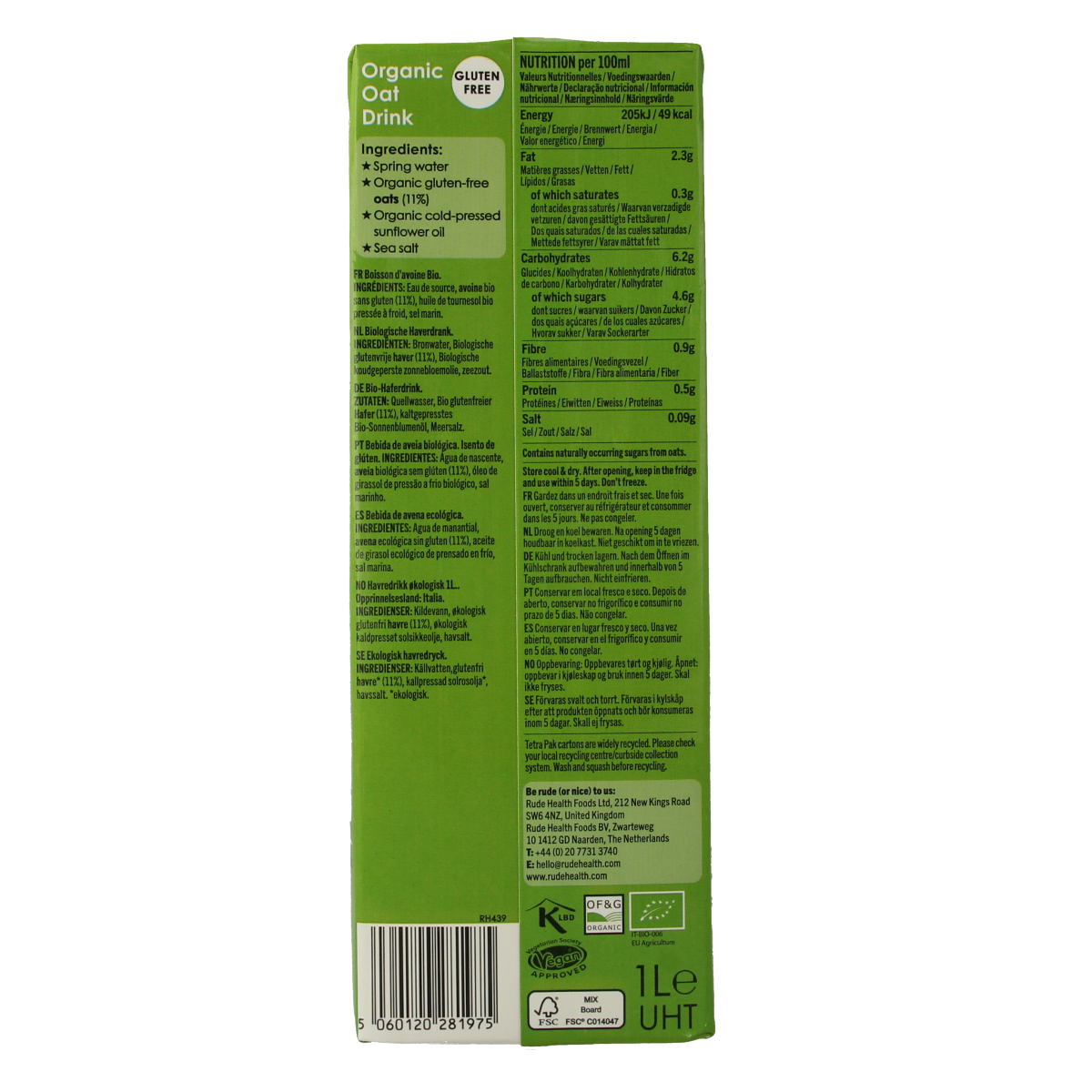 Rude Health Haverdrank organic drink in 1-liter carton, with a label showing natural ingredients and branding.