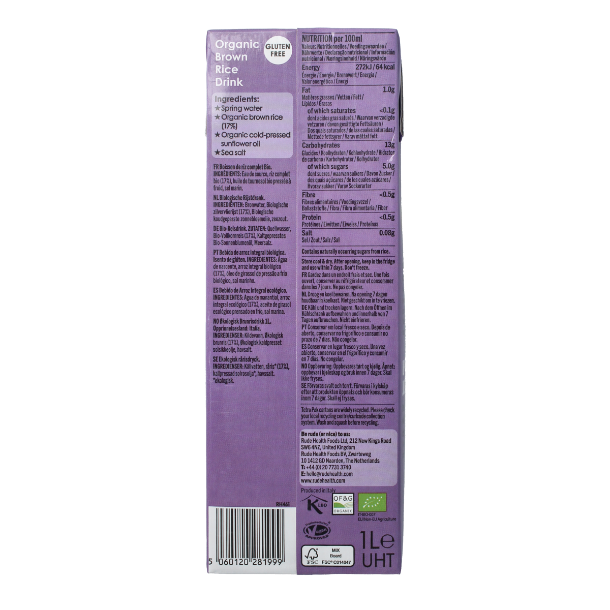 Rude Health organic rice drink in a 1-liter carton, dairy-free beverage from the Rude Health drinks and juices collection.