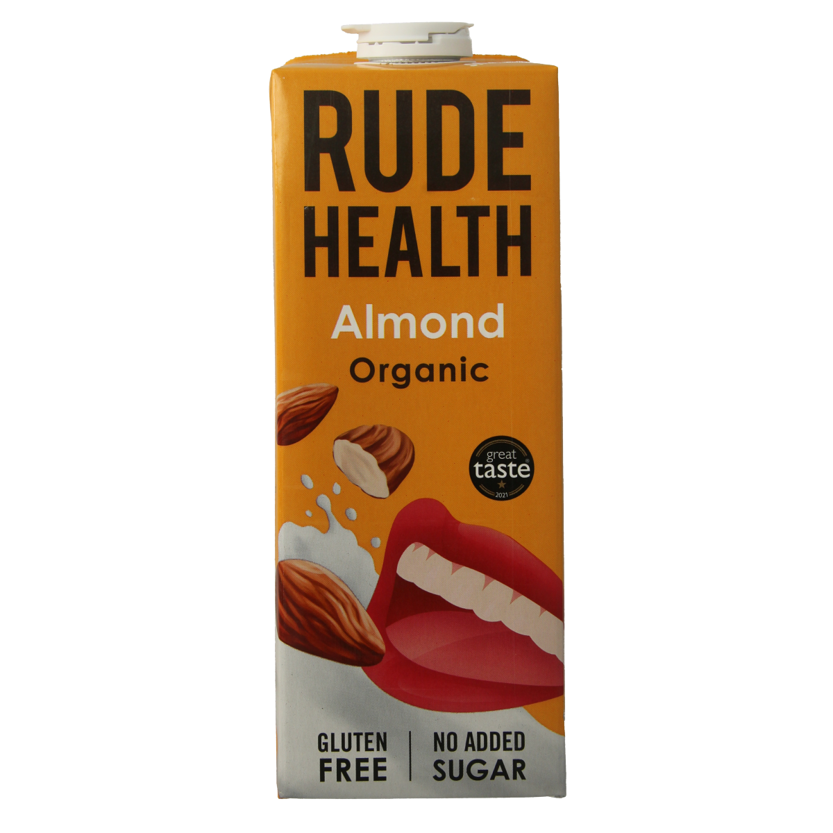 Bottle of Rude Health organic almond drink, 1 liter, with a label showing almonds and branding, in a clear glass bottle.