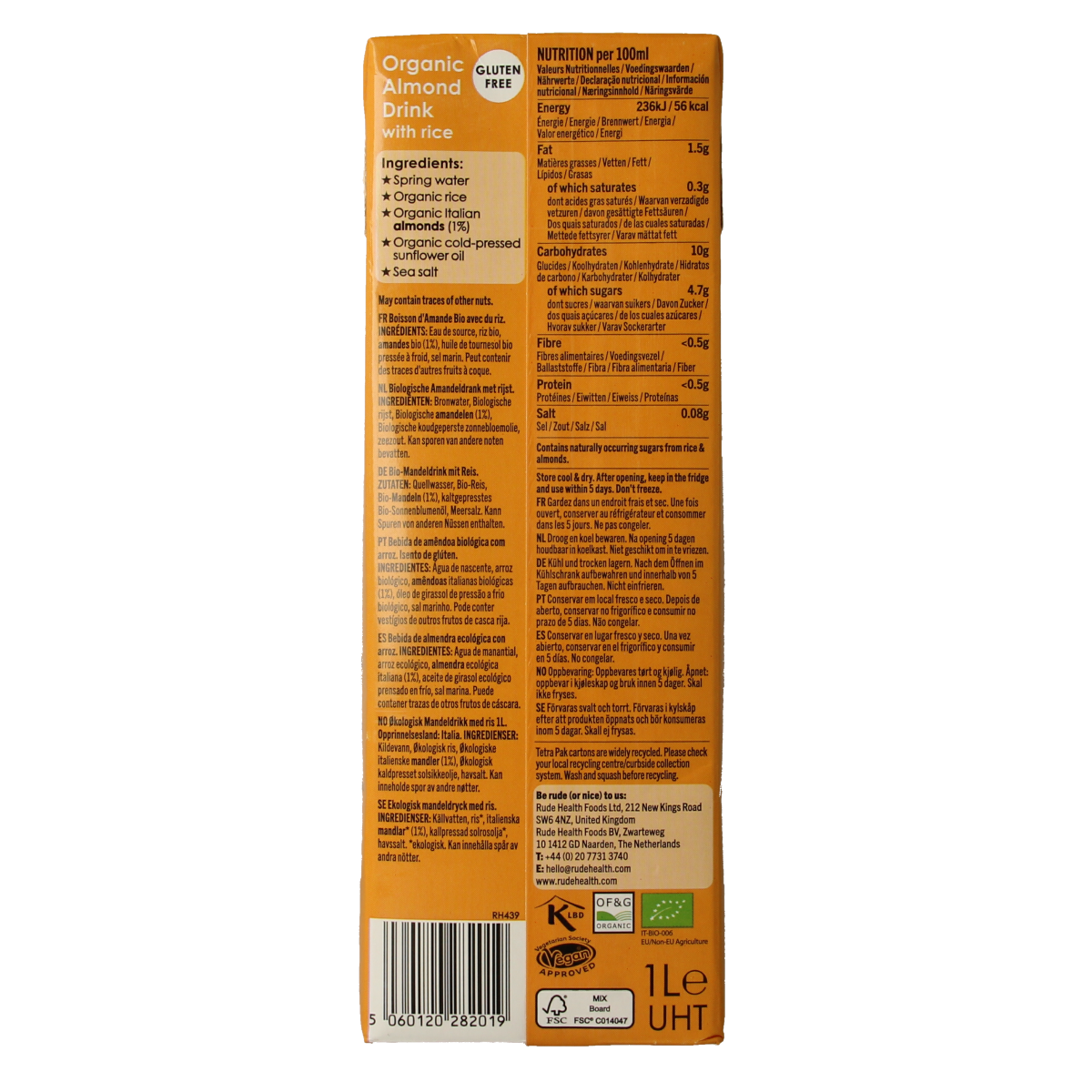 Bottle of Rude Health organic almond drink in a 1-liter size, showcasing the product label and transparent packaging.
