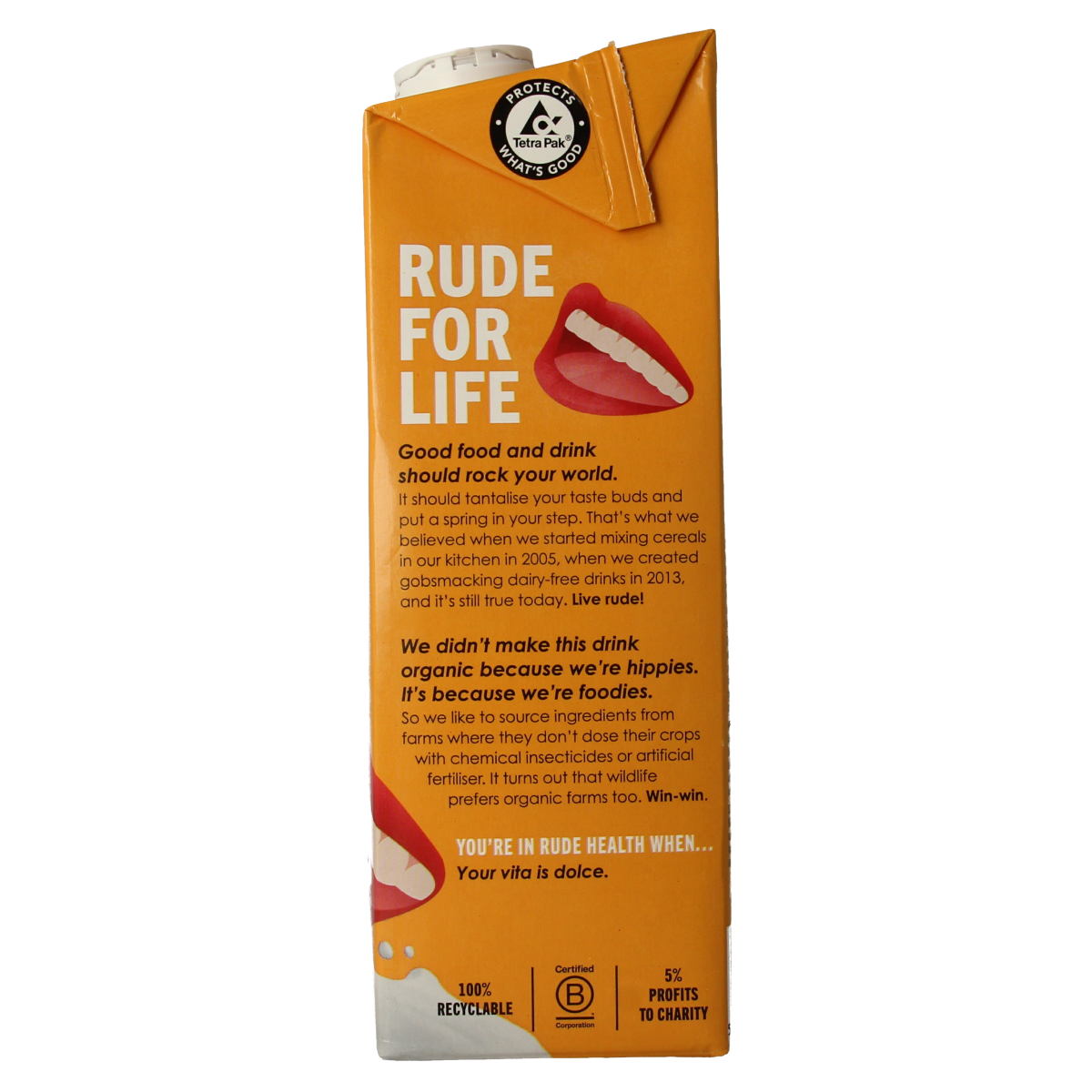 Bottle of Rude Health organic almond drink in a 1-liter carton, featuring natural almond imagery and clear branding.