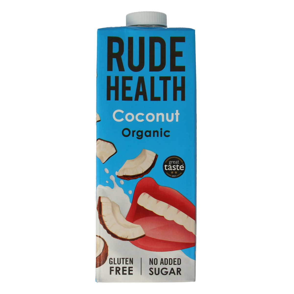 Rude Health organic coconut drink in a 1-liter bottle, showcasing the creamy coconut beverage in a clear container.