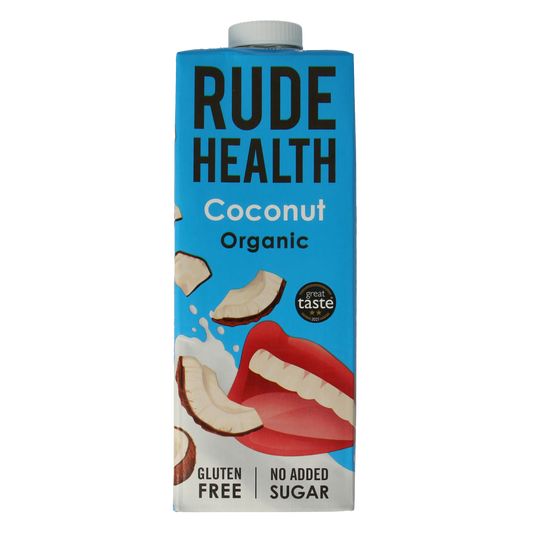 Rude Health organic coconut drink in a 1-liter bottle, showcasing the creamy coconut beverage in a clear container.