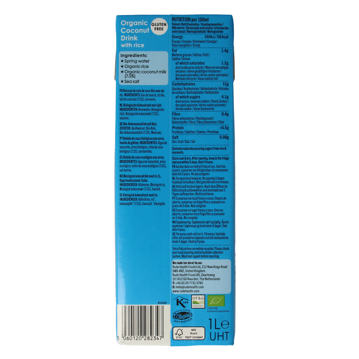 Rude Health bio kokosdrank in a 1-liter bottle, natural coconut drink from the Dranken en Sappen category.