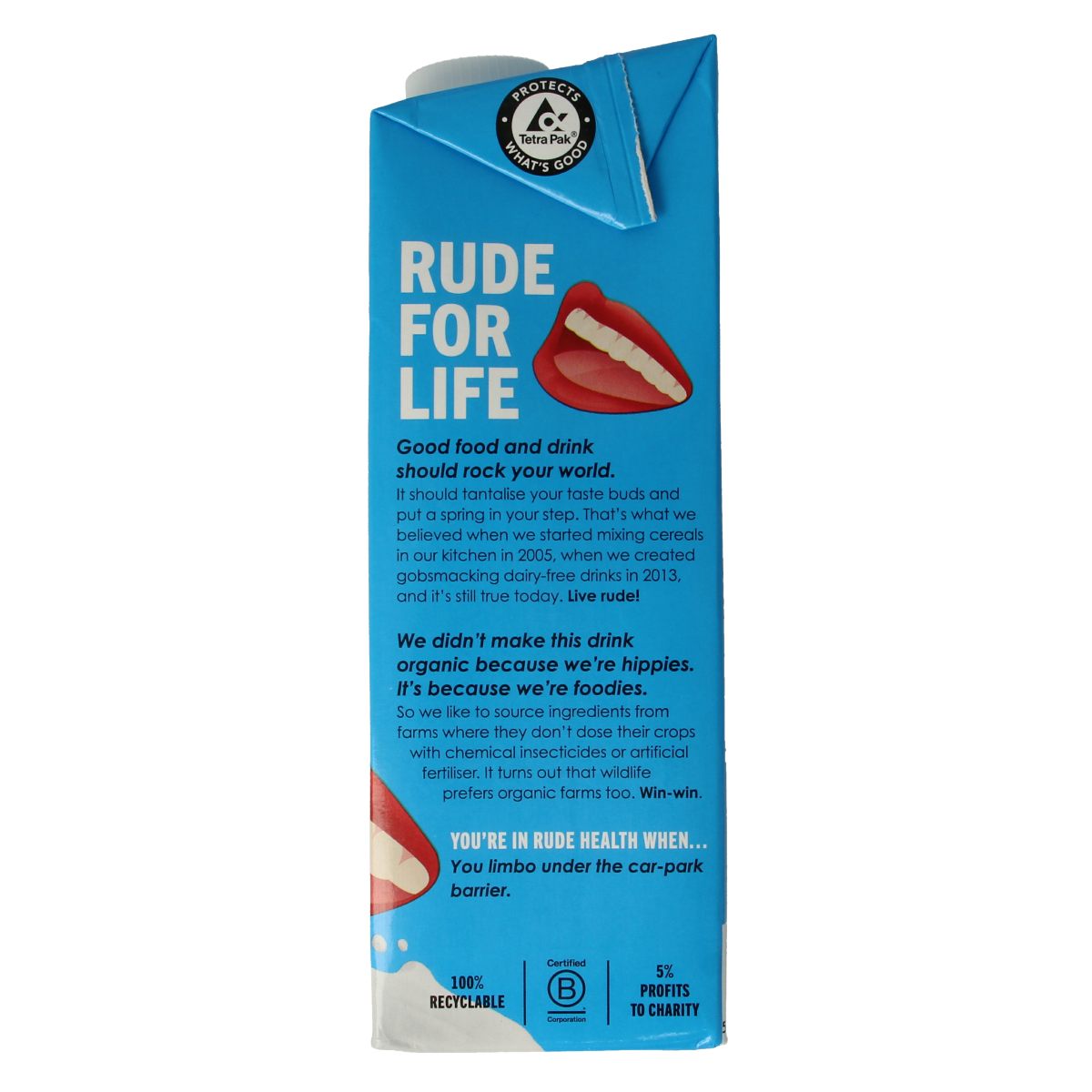Rude Health bio kokosdrank in a 1-liter bottle, showcasing a creamy, natural coconut drink with a white label and transparent bottle.