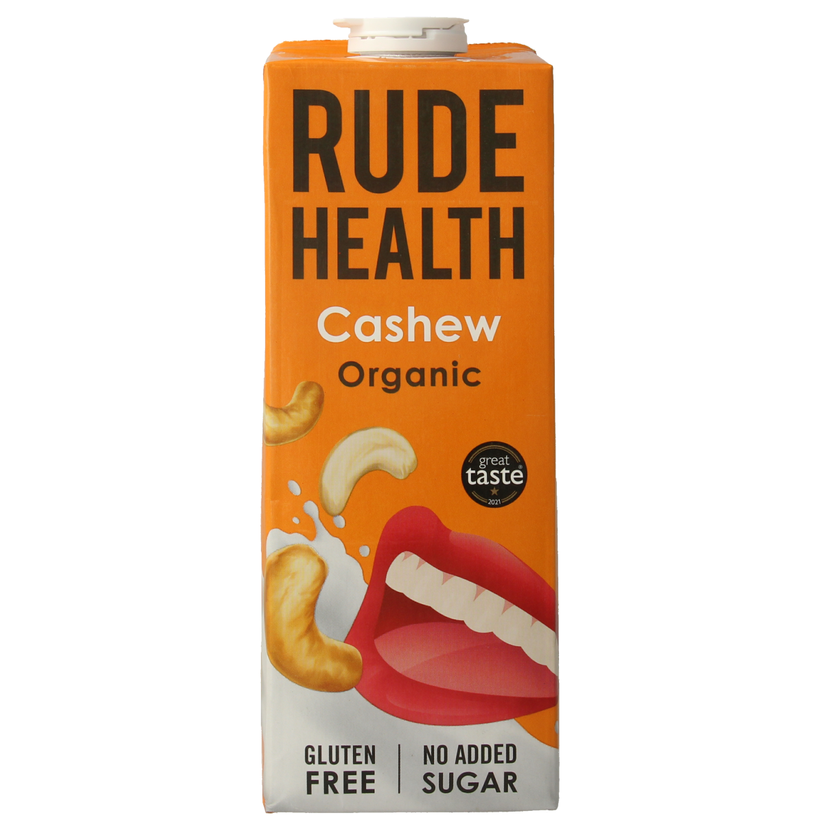 Rude Health Cashewnootdrank bio 1L, organic cashew and coconut drink in a clear bottle, ready to enjoy.