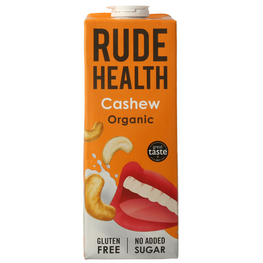 Rude Health Cashewnootdrank bio 1L, organic cashew and coconut drink in a clear bottle, ready to enjoy.