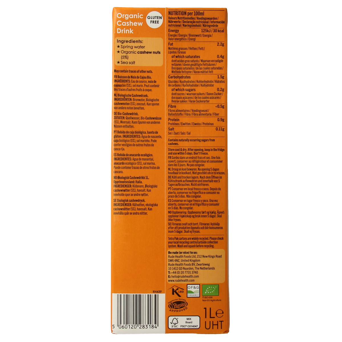 Rude Health Cashewnootdrank bio 1L, organic cashew nut drink in a bottle, in the drinks and juices category.
