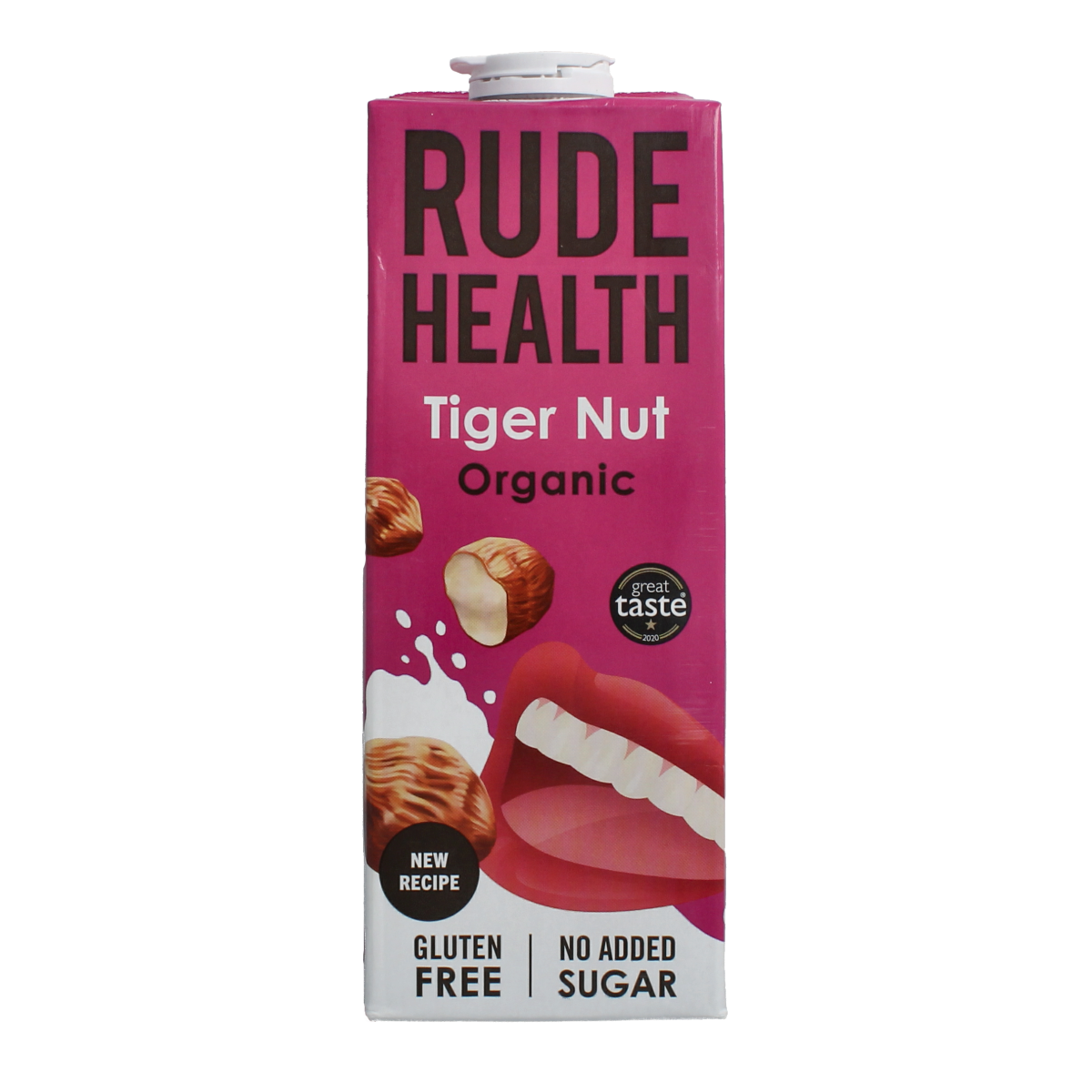 Rude Health Tijgernootdrank bio, 1 liter, organic tiger nut drink in a clear bottle with a label showing tiger nuts.