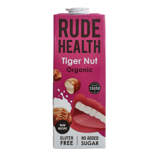 Rude Health Tijgernootdrank bio, 1 liter, organic tiger nut drink in a clear bottle with a label showing tiger nuts.