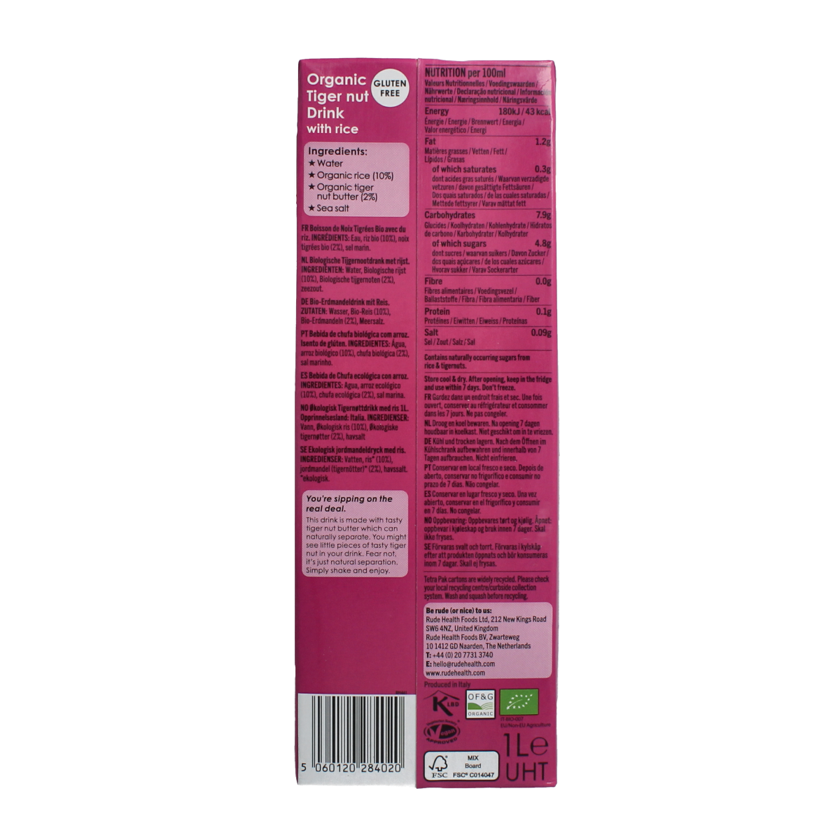 Rude Health Tijgernootdrank bio 1-liter organic tiger nut drink in a clear bottle, showing the product label and packaging.
