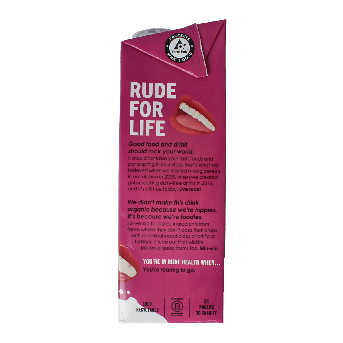 Rude Health Tijgernootdrank bio 1-liter bottle of nut drink with a label featuring tiger design and natural ingredients.