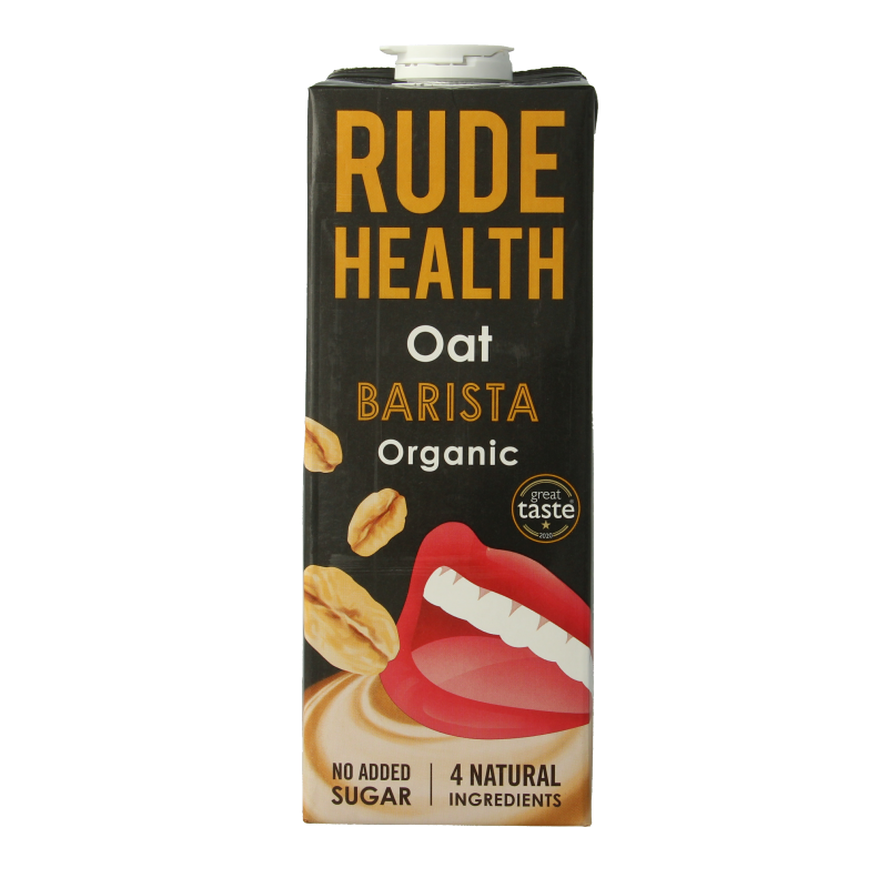 Rude Health oat barista drink bio in a 1-liter carton, plant-based beverage for coffee and baking.