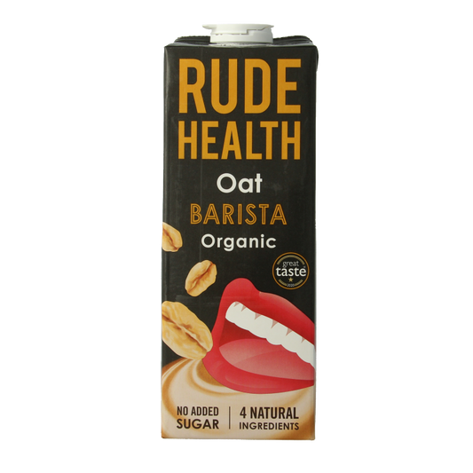 Rude Health oat barista drink bio in a 1-liter carton, plant-based beverage for coffee and baking.