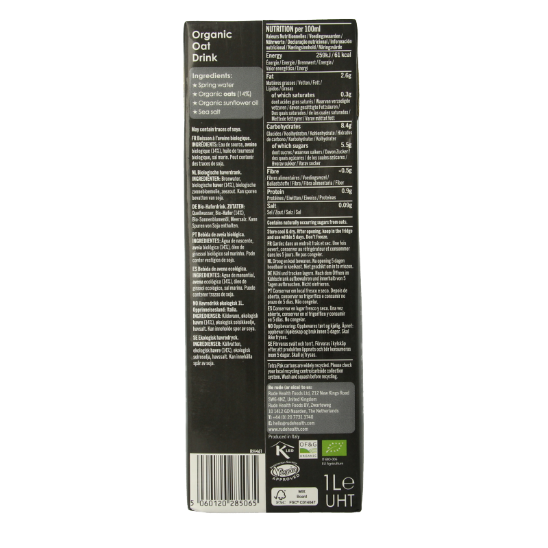 Rude Health bio oat barista drink 1-liter carton, plant-based beverage for coffee and recipes, natural and organic.