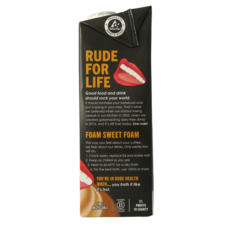 Rude Health oat barista drink bio 1 liter, organic plant-based beverage in a carton, ready for coffee or cooking use.