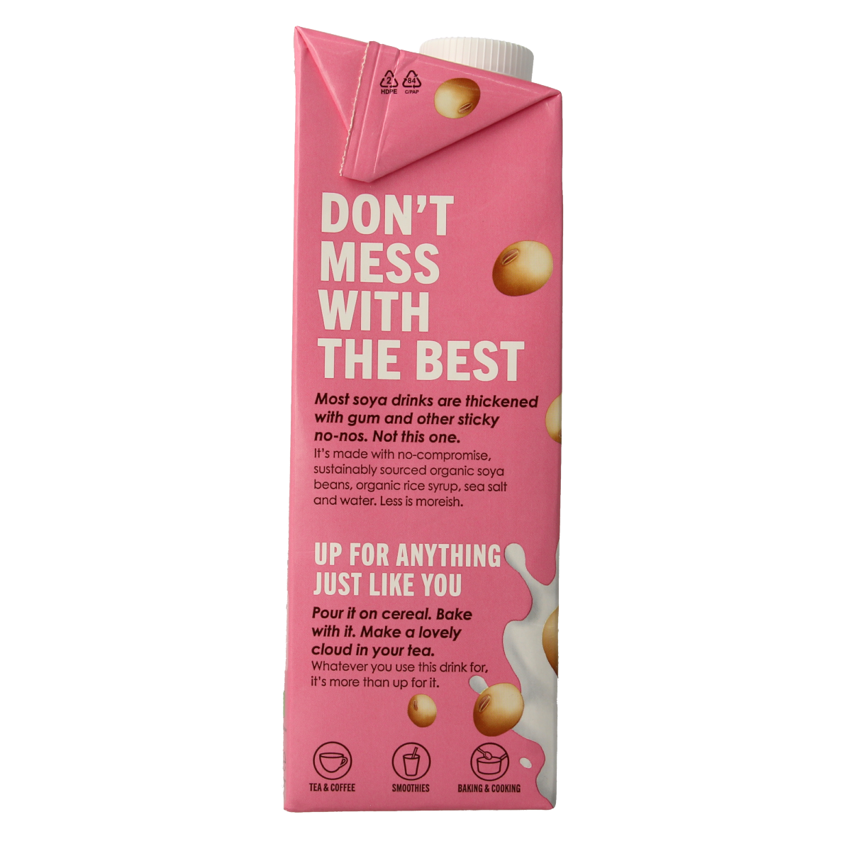 Rude Health bio soy drink in a 1-liter carton, showcasing the packaging of the plant-based beverage for drinks and juices.