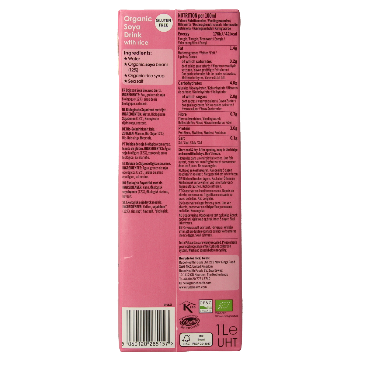Rude Health bio soy drink in a 1-liter carton, natural soy beverage, creamy and nutritious, suitable for dairy-free diets.