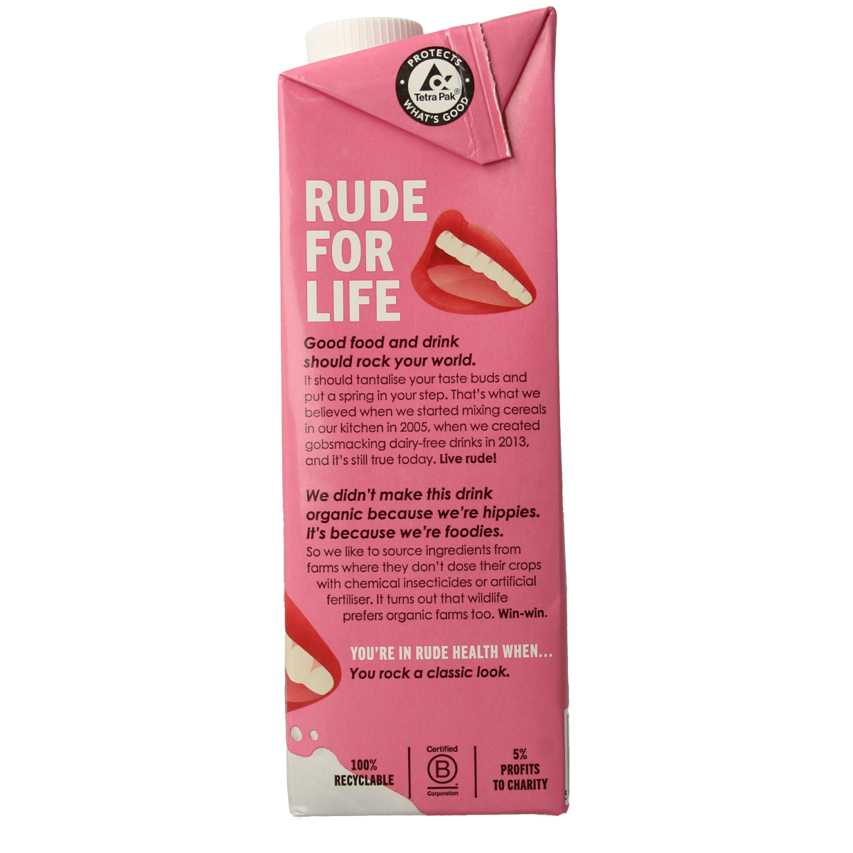 Rude Health Sojadrink bio 1 liter in a carton, showing the label with organic soy milk and natural ingredients.