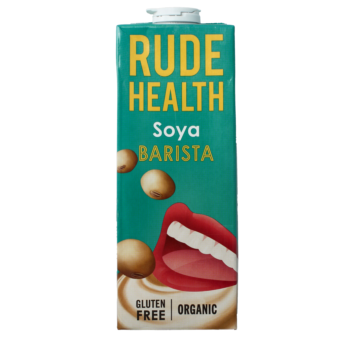 Organic Rude Health Barista Soy Milk in 1-liter carton, ideal for coffee and beverages, with a smooth, creamy soy texture.